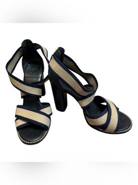 Tory Burch Laurie Criss Cross Block Heel Sandals Navy Size 6 Orig $340